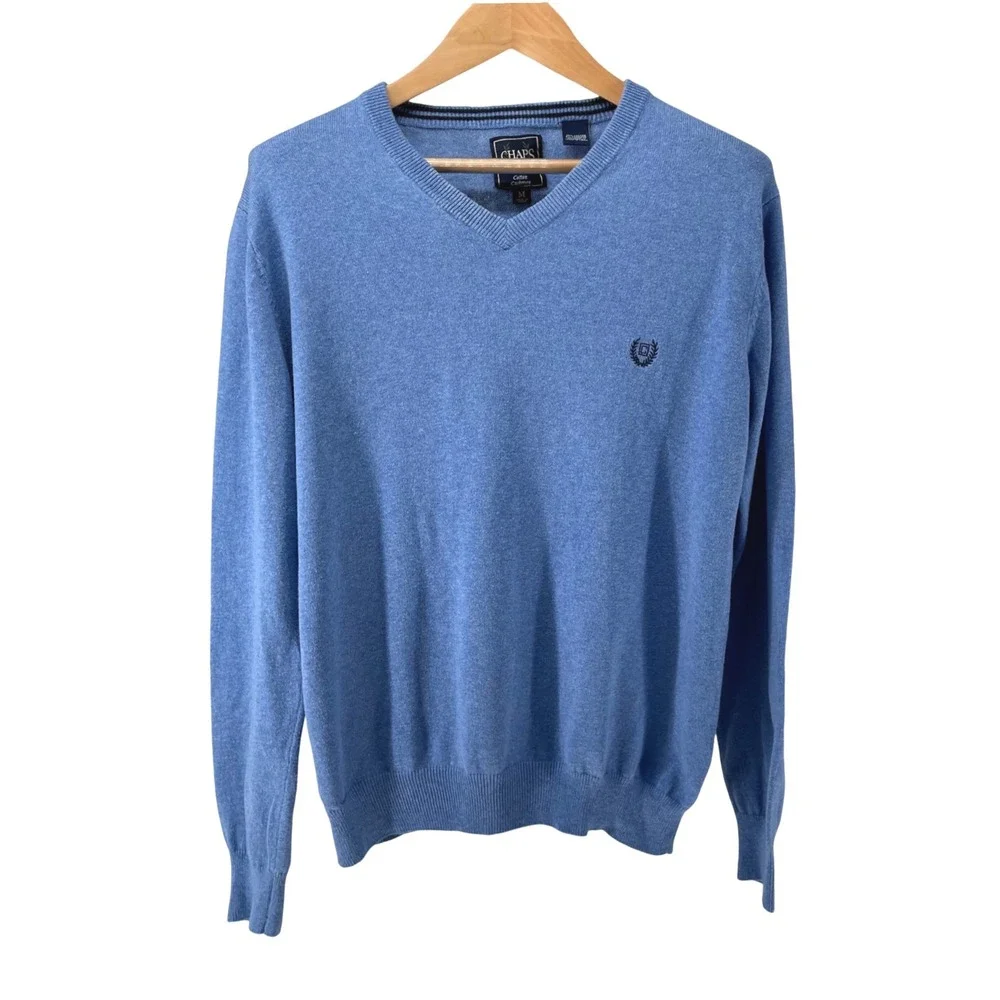 Chaps Mens V-Neck Sweater Light Blue Cotton Cashmere‎ Blend Logo Size M C42661